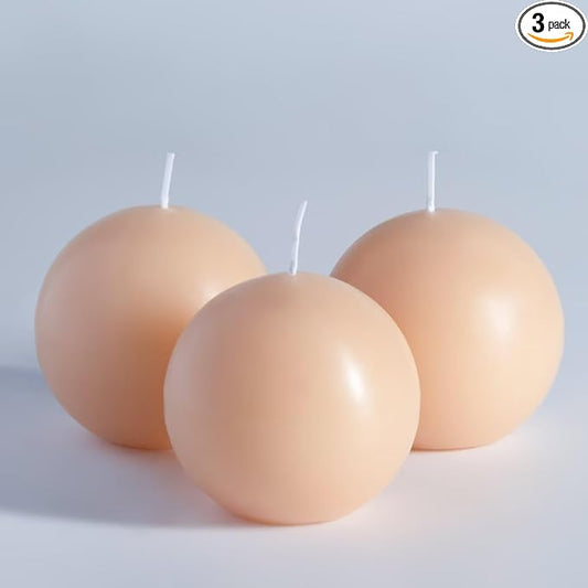 MOZEAL Hand-Poured, 3 Inch Beige Round Ball Candles - Elegant Beige Round Pillar Candles Set of 3, Dripless, Unscented, Smokeless, Ideal for Modern Home Decor.