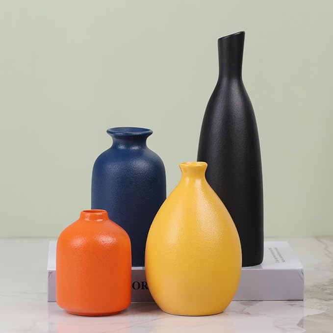 Colorful Ceramic Bud Vases Set of 4 - Modern Yellow, Orange, Blue Small Vases for Home Decor - Ideal for Living Room, Kitchen, Office, Bathroom, Mantle, Entrance, Farmhouse & Coffee Table Decorations