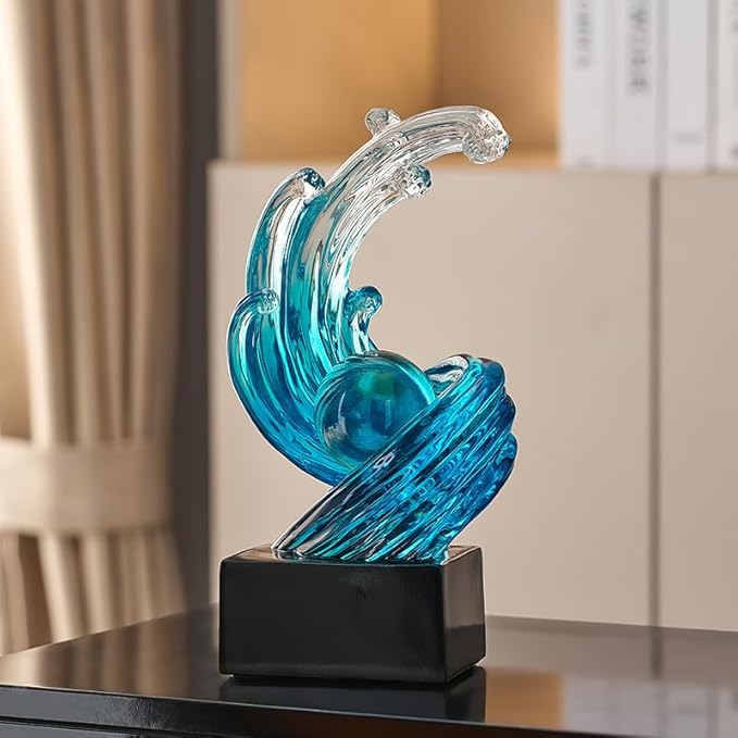 Modern Abstract Decorative Wave Statue, Blue Abstract Art Home Decor,Crystal Ball Art Wave Resin Sculpture, Office Desk Stand, Dining Table Center Decorative Aesthetics(B,Light-Blue)