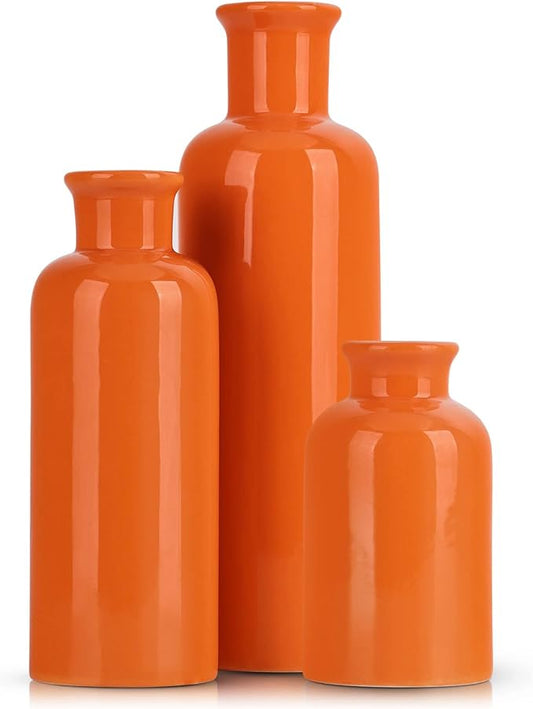 Orange Ceramic Vase Set for 3, Modern Minimalist Decor Boho Vases, Farmhouse Home Décor Accents Living Room Centerpieces, Suitable for Home Décor,Room,Entryway, Bookshelf, Mantel, Shelf Décor