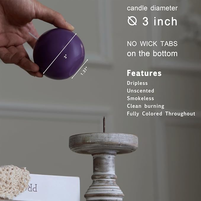 MOZEAL Hand-Poured, 3 Inch Purple Round Ball Candles - Elegant Purple Round Pillar Candles Set of 3, Dripless, Unscented, Smokeless, Ideal for Spring Celebrations.