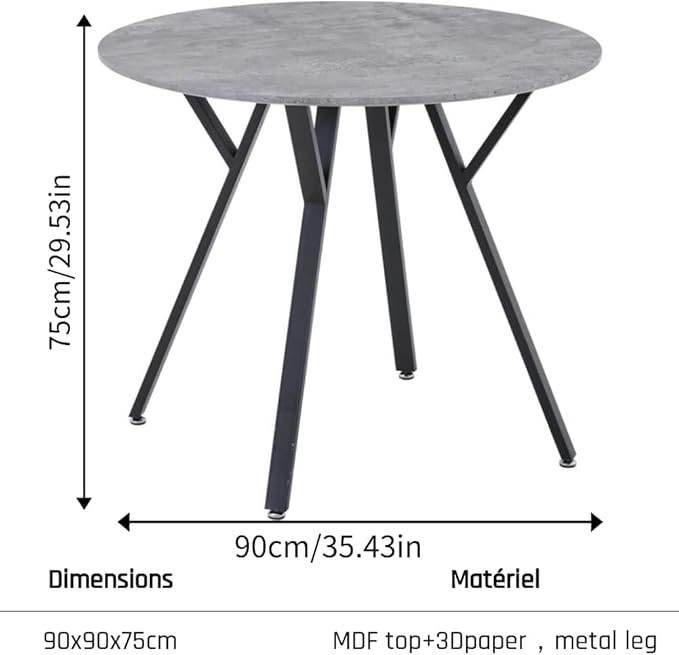 Round Dining Table with Metal Legs, 35.5 in Modern Kitchen Table Dining Room Table for Dining Room Kitchen, Grey