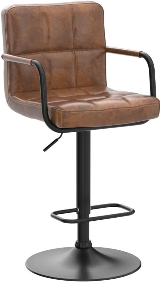 Furniliving Bar Stools Set of 2 with Back, Modern Square PU Leather Kitchen Stools with Armrest, Adjustable Counter Height Barstools for Kitchen Bar Pub Cafe (Yellowbrown)