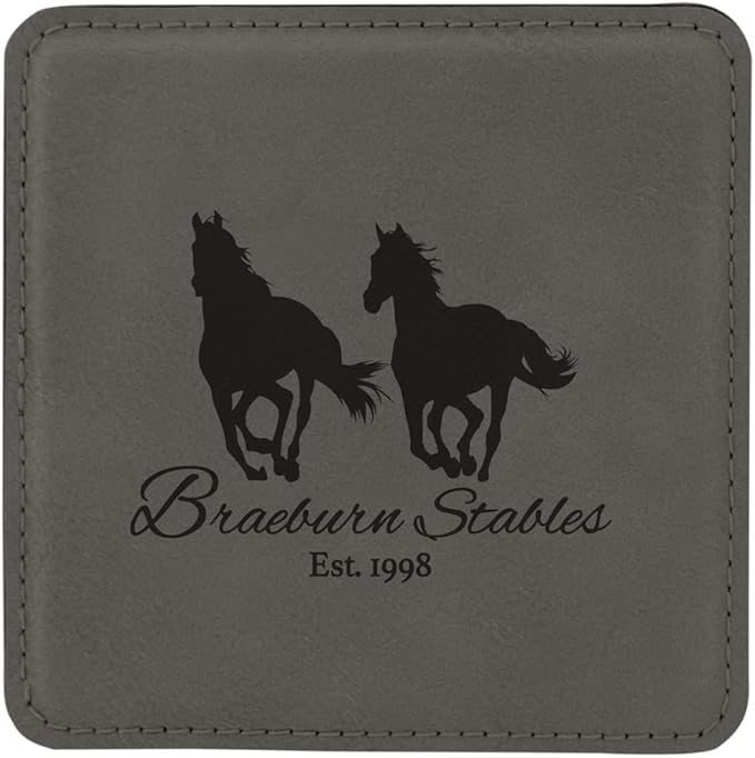 Custom Engraved Coasters | Personalized Leather Coaster | Set of 6 | Drink Coasters with Holder | Laser Engraved | Tabletop Protection | Gift for Couples (Square 4" x 4", Gray w/Black)