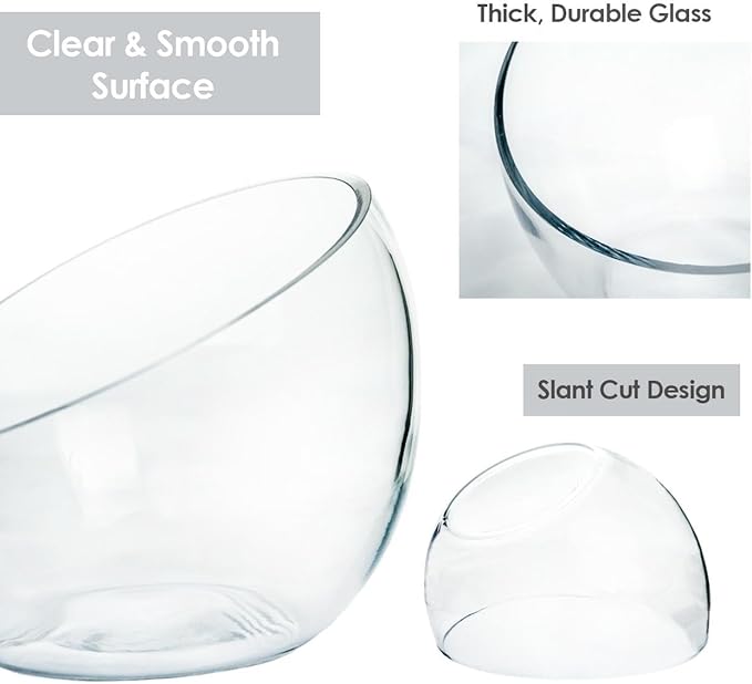 Craft And Party, Slant Cut Bowl Glass Vase, Glass Fish Bowl Vase, 8.5" Height x 10" Width Fruit Jar, Candy Dish, Clear Terraium, Flower Vase Centerpiece