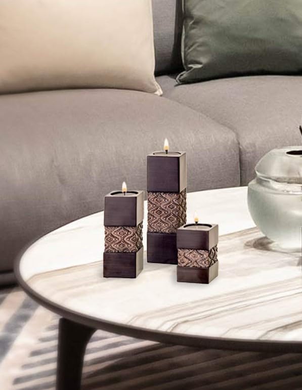 Creative Scents Dublin Brown Set of 3 Tealight Candle Holders Table Decor Gift Set - Centerpieces for Living/Dining Room Table, Coffee Table Decor for Fireplace/Entrance or Bathroom