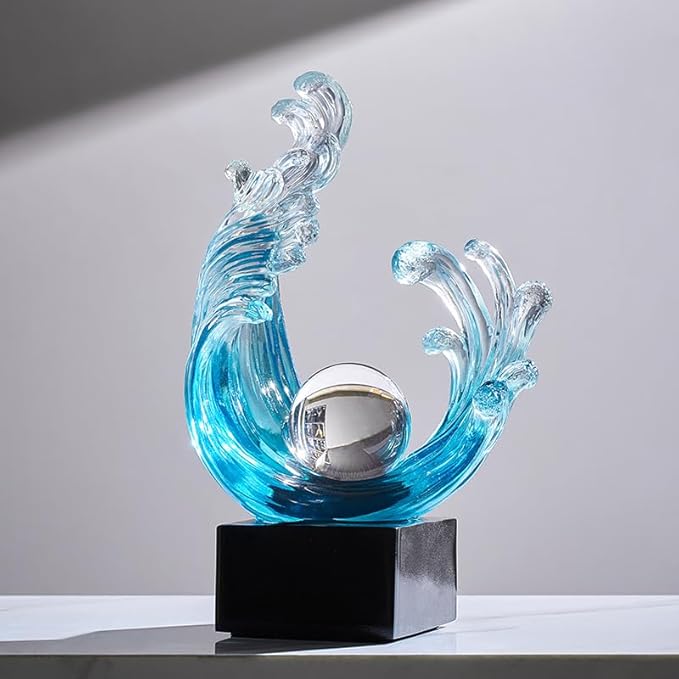 Modern Abstract Decorative Style Statue, Blue Abstract Art Home Decor,Crystal Circular Art Wave Resin Sculpture, Office Desk Stand, Dining Table Center Decorative Aesthetics (A,Light-Blue)