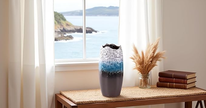 Handcrafted Ceramic Vase – Modern Textured Flower Vase with Gradient Glaze, Rustic Home Décor Accent for Living Room, Office, and Table Centerpiece – Blue, White & Brown