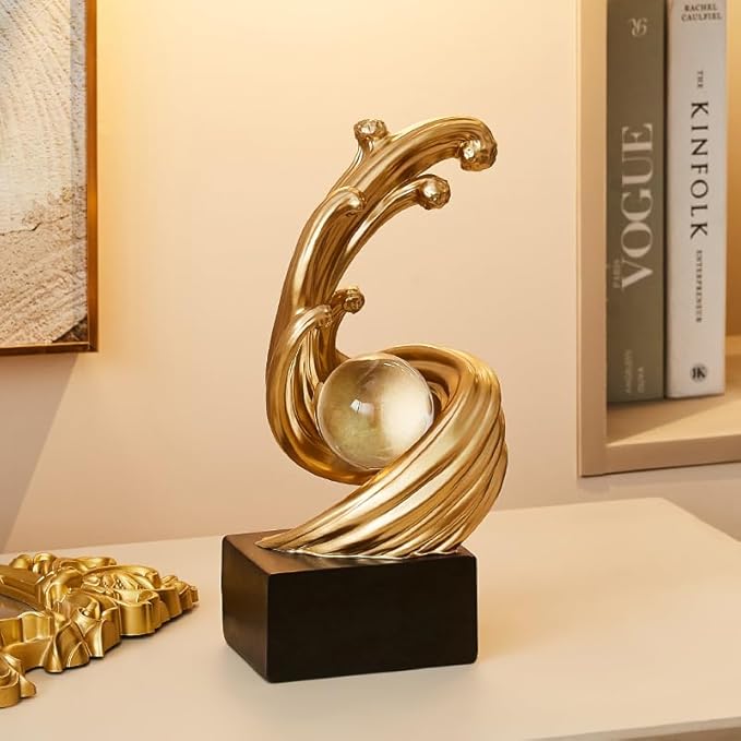 Golden Wave Resin Sculptures with Crystal Ball Decor - Modern Abstract Home Decor, Ideal for Dining Table Centerpiece, Bookshelf, TV Stand, Office Desk & Home Entryway (B,Gold)