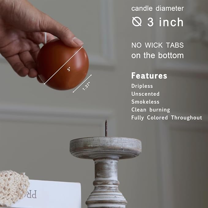 MOZEAL Hand-Poured, 3 Inch Burnt Orange Round Ball Candles - Elegant Burnt Orange Round Pillar Candles Set of 3, Dripless, Unscented, Smokeless, Ideal for Autumn Gatherings.