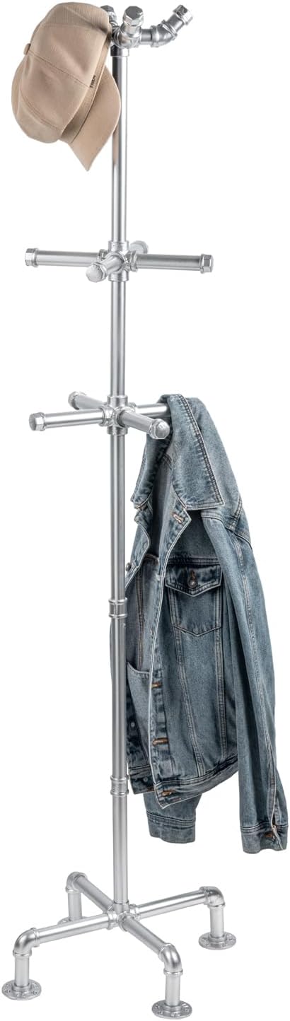 MyGift 5.5ft Freestanding Coat Rack with Silver Tone Industrial Metal Pipe Design and 12 Hooks, Entryway Organizer Stand for Hanging Coats, Hats, Purses