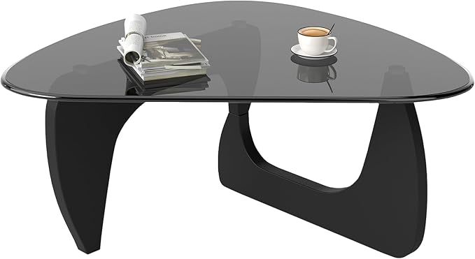 Modern Glass Coffee Table, Triangle Center Table with Tempered Glass Top& Unique Wooden Base, 35.5” Mid Century Tea Tables for Living Room, Apartment, Office,Black & Grey