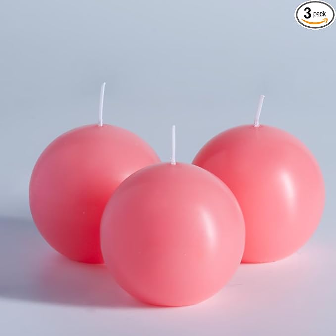 MOZEAL Hand-Poured, 3 Inch Pink Round Ball Candles - Elegant Pink Round Pillar Candles Set of 3, Dripless, Unscented, Smokeless, Ideal for Baby Showers and Valentine's Day.