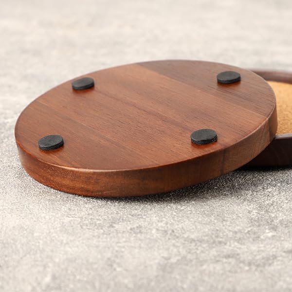 Wood Cork Coasters for Drinks Absorbent with Holder, WLWNWFT Acacia Wood Coaster Sets Rustic Farmhouse for Coffee Table Dining Table Wooden Table Coasters for Desk, Set of 6 4.33in