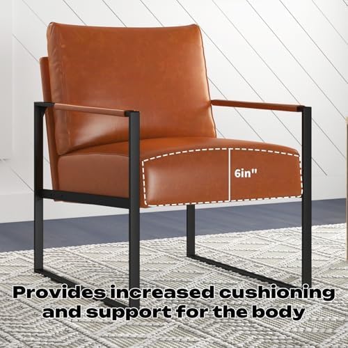 Phoenix Home PU Leather Accent Chair Set of 6, Leisure Metal Framed Armchair with Extra Soft Padded and Cushion, 105 Degree Slant Back, Modern Reading Arm Chair for Living Room/Office/Bedroom, Brown