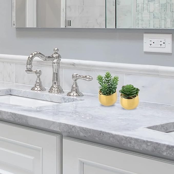 Briful Small Artificial Succulents in Pots Set of 3 Realistic Faux Succulents Plants with Gold Ceramic Pots Cute Mini Fake Plants Decor for Modern Home Table Office Desk Bathroom Shelf Decoration