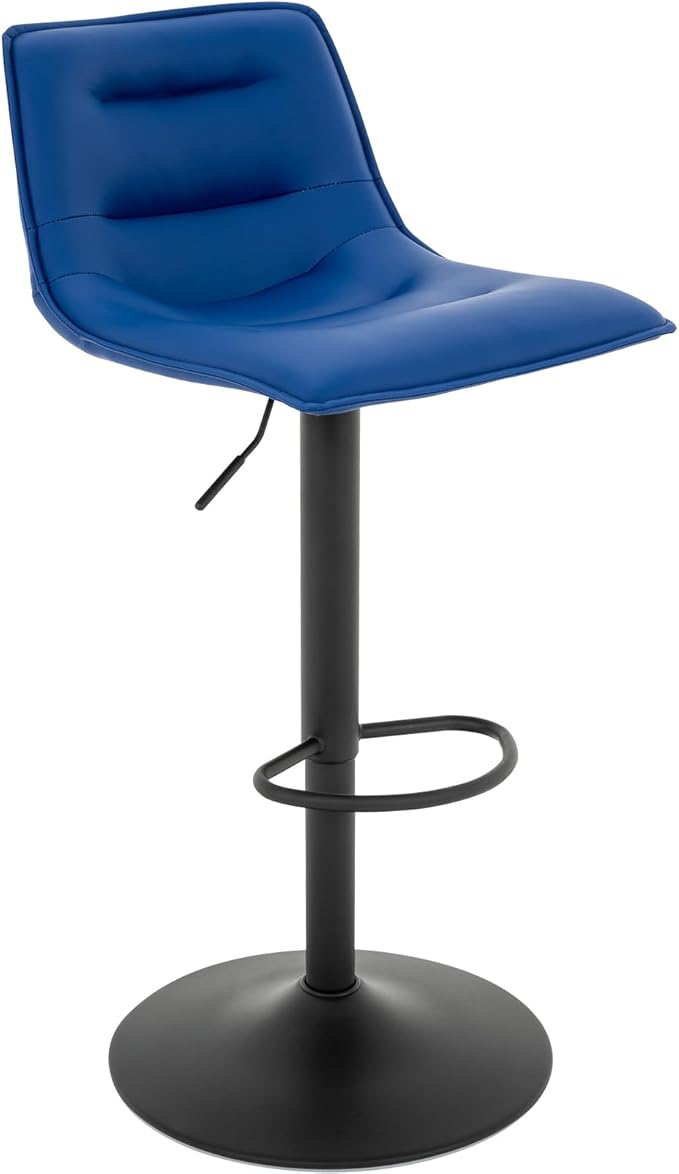 Brage Living Adjustable Bar Stool, Modern PU Leather Swivel Counter Height Barstool with Back, Armless Airlift Curved Bar Chair for Kitchen Dining Cafe, 1 pc (Blue, Black Base)