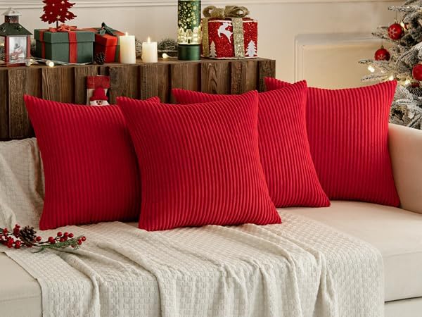 MIULEE Boho Farmhouse Throw Pillow Covers 18x18 Inch Set of 4 Mordern Nordic Cushion Covers Soft Corduroy Home Decor for Couch Bed Sofa Living Room Christmas Red