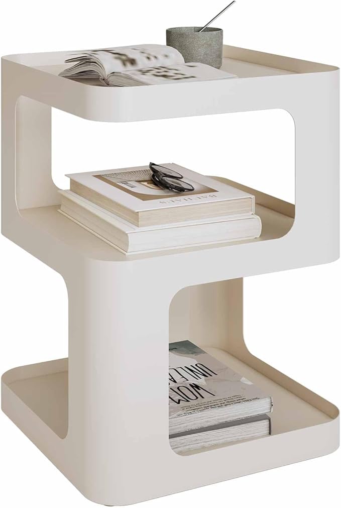 XIV Side Table, Small End Table, Modern Nightstand, Accent Bedside Table, 3 Tier Night Stands, Metal Bed Side Table for Living Room Bedroom Outdoor Entryway, No Assembly Required (Off White, Square)