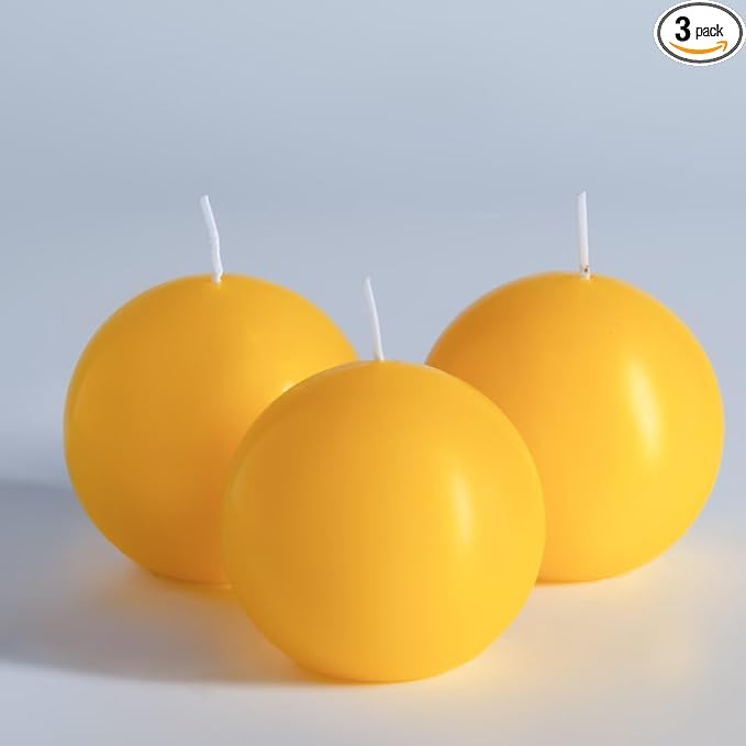 MOZEAL Hand-Poured, 3 Inch Yellow Round Ball Candles - Elegant Yellow Round Pillar Candles Set of 3, Dripless, Unscented, Smokeless, Ideal for Spring and Summer Parties.