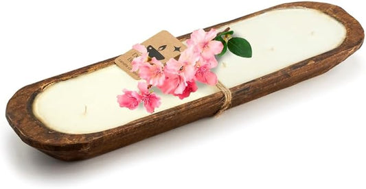 Dough Bowl Candle Co. Cherry Blossom and Citrus Soy Candle - 6 Wick Rustic Farmhouse Decor Odor Eliminator in Wooden Bowls, 32 Ounce Wooden Dough Bowl Candle, All-Natural Gifts for Women and Men