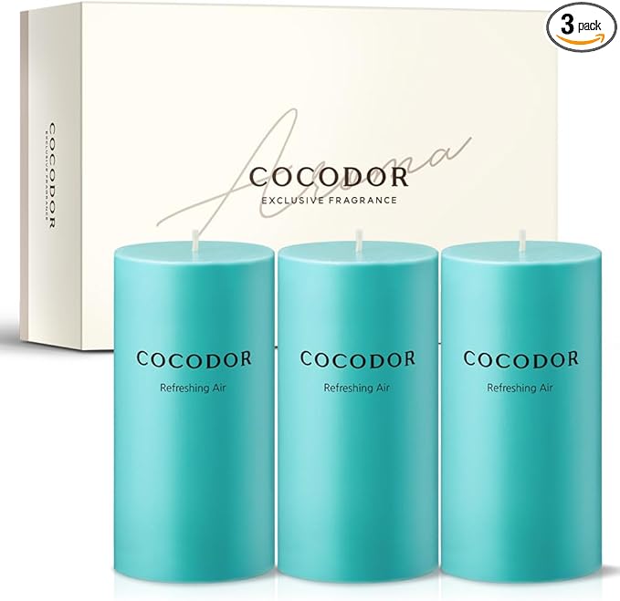 COCODOR Scented Pillar Candles, 3x6 Inch, Refreshing Air, Candle Set of 3, Long Buring 85 Hours, Candles for Weddings, Party, Dinner, Home Decor.
