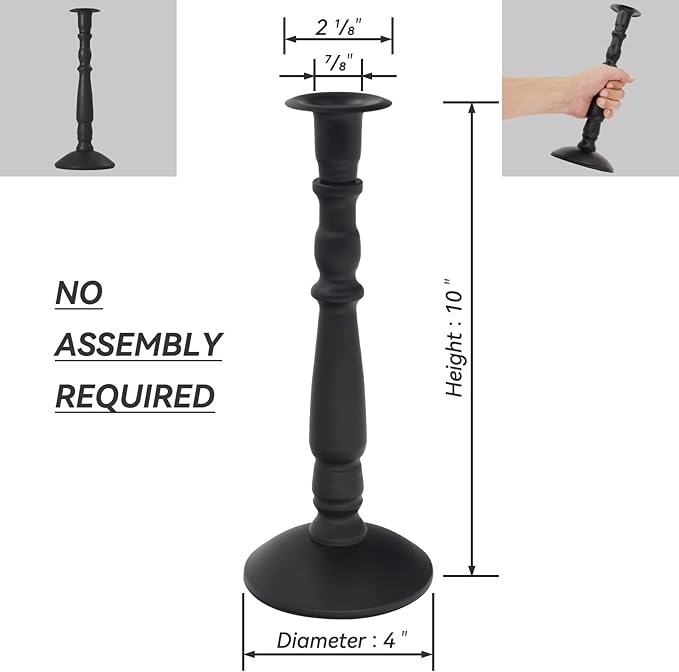 Matte Black Skinny Taper Candle Holder - Iron Slim Candle Stand for 7/8" Candles, Elegant Table Centerpiece for Home Decor and Farmhouse Table - 10"