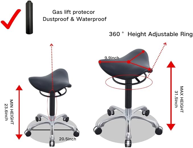 3 Angles Saddle Stool Chair Ergonomic Rolling Seat for Salon, Tattoo Shop, Spa, Facial lash Home, Esthetician Height Adjustable Chair for Healthy Posture and Sustainable,Black