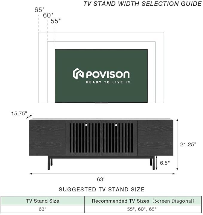 POVISON Fully-Assembled Mid Century Modern Sintered Stone TV Stand, Slatted Media Console TV Cabinet with Tall-cast Metal Legs, Fluted Entertainment Center with Storage (Black, 62.99")