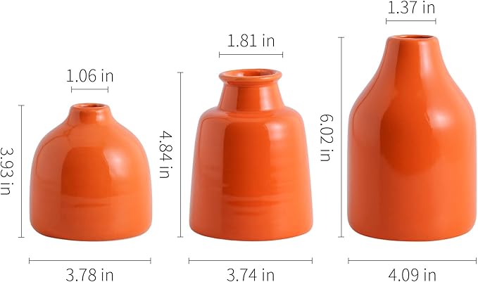 Small Vase Set of 3 for Modern Home Decor,Ceramic Vases for Centerpieces Flower Vases for Living Room Wedding/Dinner Table/Party -Orange
