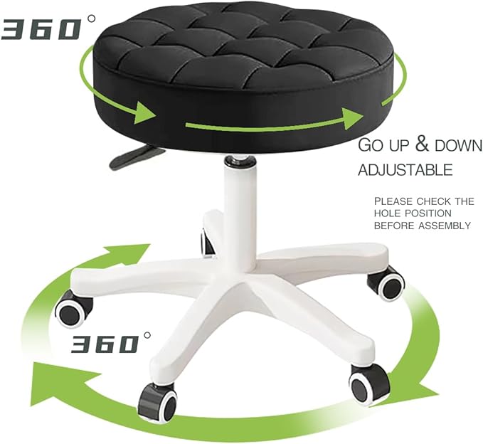 Small Chair Round Rolling Stool with Wheels PU Leather Height Adjustable Swivel Drafting Work SPA Salon Stools Home Office Chair