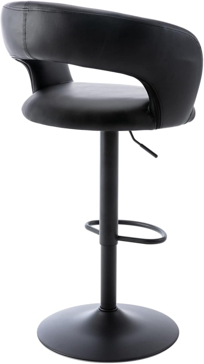 Brage Living Wide Bar Stool, Modern PU Leather Swivel Adjustable Barstool with Hollow Back and Arms, Upholstered Airlift Counter Height Bar Chair for Kitchen Dining (Black, Matte Black Base)