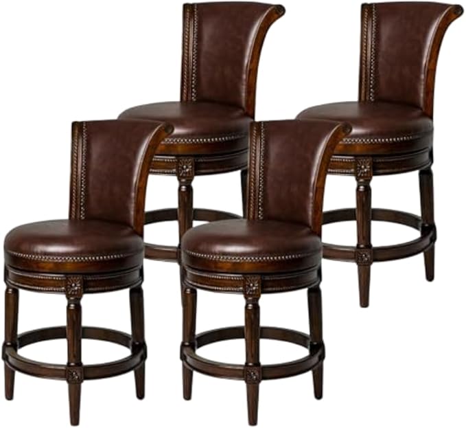 Maven Lane Pullman Counter Stool 26 Inches – Set of 4 – Swivel Stools with Footrest – Brown Solid Wood Frame & Brown Faux Leather Upholstery – Perfect for Kitchen Islands & Counters