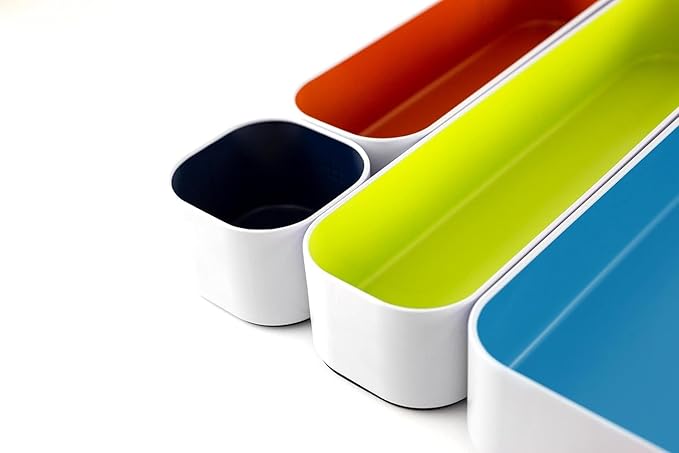 Three by Three Seattle 5 Piece Metal Organizer Tray Set for Storing Makeup, Stationery, Utensils, and More in Office Desk, Kitchen and Bathroom Drawers (2 Inch, Assorted Colors)