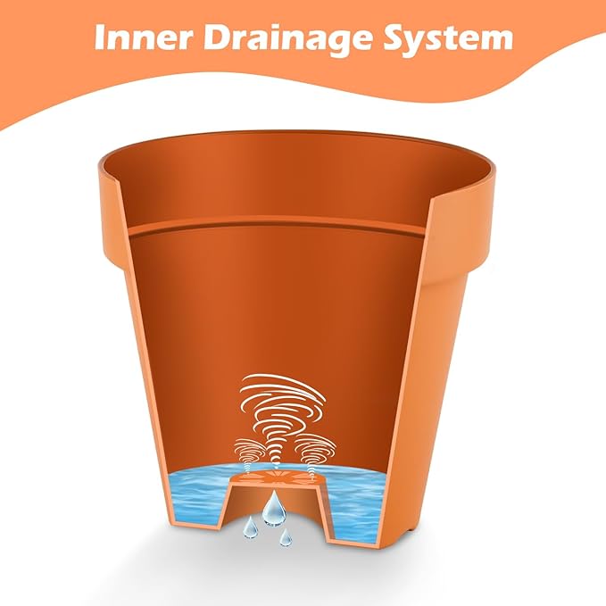 3-Pack 8/9/10 Inch Plastic Plant Pots with Saucers – Durable BPA-Free Planters with 21 Drainage Holes, Raised Bottom Breath and Bottom Watering Design for Indoor & Outdoor – Orange