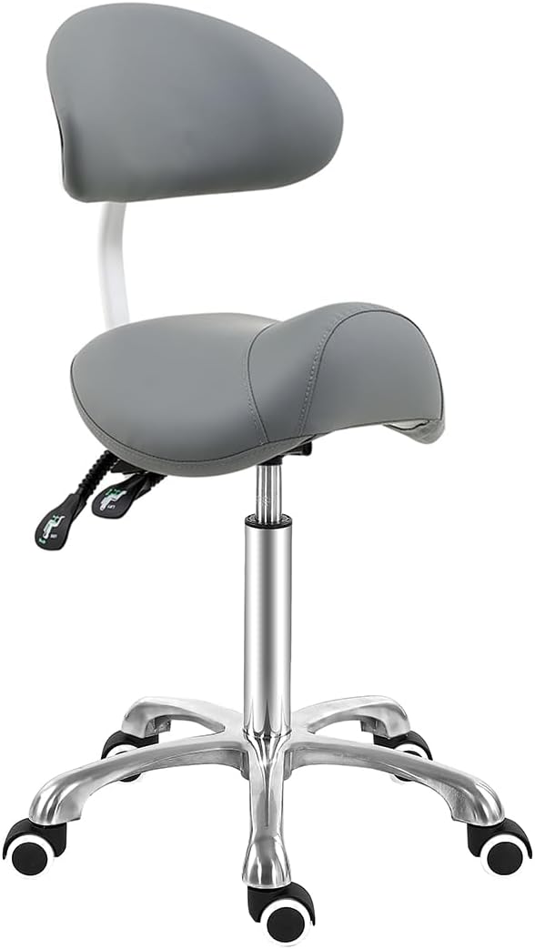 Antlu Saddle Stool Chair with Back Support - Ergonomic Esthetician Seat Saddle Stool for Salon Tattoo Spa Medical Dentist Clinic (with Backrest, Grey)