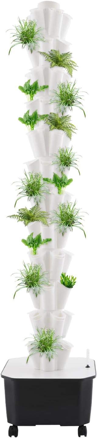 12-Tier Hydroponic Growing Tower, 60-Plant Indoor Gardening System w/Automatic Water Circulation, Vertical Aeroponic Tower Garden for Herbs, Vegetables, Fruits (White, 60-Plants)