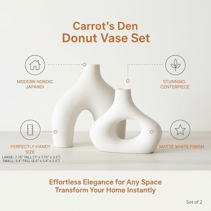 Carrot's Den Donut Vase, Set of 2 - White Large Ceramic Vase - Minimalist Nordic, Hollow | Table Centerpiece, Olive Plant, Wedding, Living Room, Bookshelf, Office, Modern Home, Entryway, Console