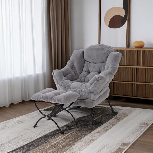 Welnow Lazy Chair with Ottoman, Modern Lounge Accent Chair with Armrests and a Side Pocket, Leisure Sofa Armchair, Reading Armchair with Footrest for Small Space, Plush Grey