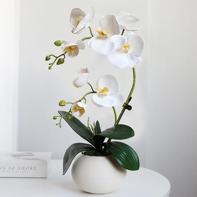 LESING Artificial Potted Orchid Flower for Table Centerpieces,Real Touch White Fake Orchid Flowers in Vase for Home Decoration (Style 5,White)
