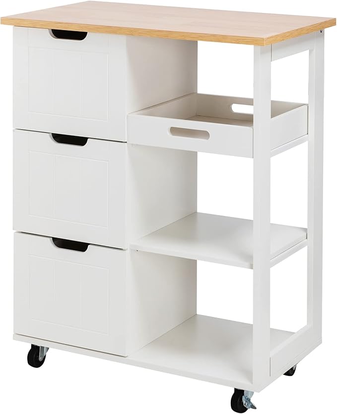 Shintenchi Kitchen Island Cart with Storage,Rolling Kitchen Island Storage Cabinet,Side Table on Wheels with Worktop,3 Open Shelves and 3 Drawers for Kitchen,Dinning Room, White