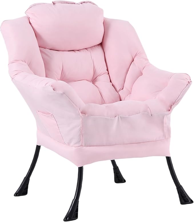 Welnow Lazy Chair for Living Room, Modern Reading Lounge Accent Chair with Armrests and a Side Pocket, Leisure Upholstered Lazy Sofa for Small Space, Bedroom, Dorm, Pink
