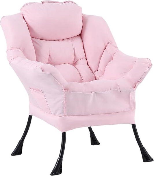 Welnow Lazy Chair for Living Room, Modern Reading Lounge Accent Chair with Armrests and a Side Pocket, Leisure Upholstered Lazy Sofa for Small Space, Bedroom, Dorm, Pink