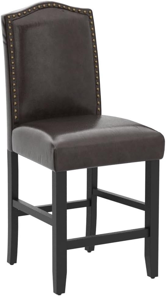 LSSPAID Counter Height Bar Stools Set of 2, 24.8 Inch Pu Upholstered Barstools, Kitchen Island Chairs with Bronze Nail Backrest and Solid Wood Legs for Kitchen Pub Home Cafe, Brown