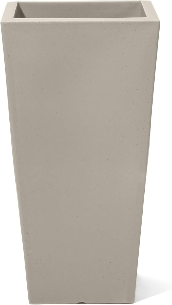 Step2 Tremont Tall Square Tapered Planter, Large Planters for Outdoor Plants, Gardening and Flower Pot for Patio or Porch, Efficient Drainage, Durable Plastic, Concrete, 1-Pack