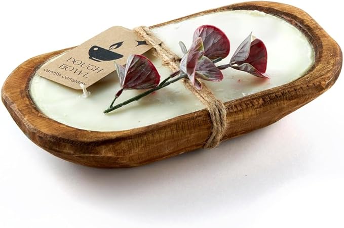 Dough Bowl Candle Co. Eucalyptus Soy Candle - 3 Wick Rustic Farmhouse Decor Odor Eliminator in Wooden Bowls, 20 Oz Wooden Dough Bowl Candle, All-Natural Gifts for Women and Men, Coffee Table Decor