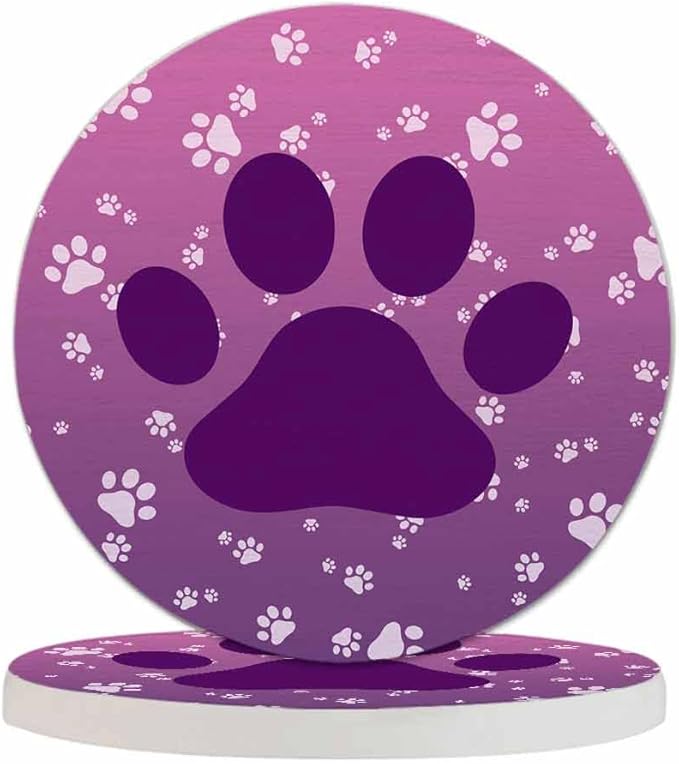 Big Dog Paw Coasters for Drinks 2 Pack Little Animal Puppy Cat Kitten Paws Print Design Gradient Purple Tabletop Protection Kitchen and Coffee Table Décor & Accessories,Set of 2