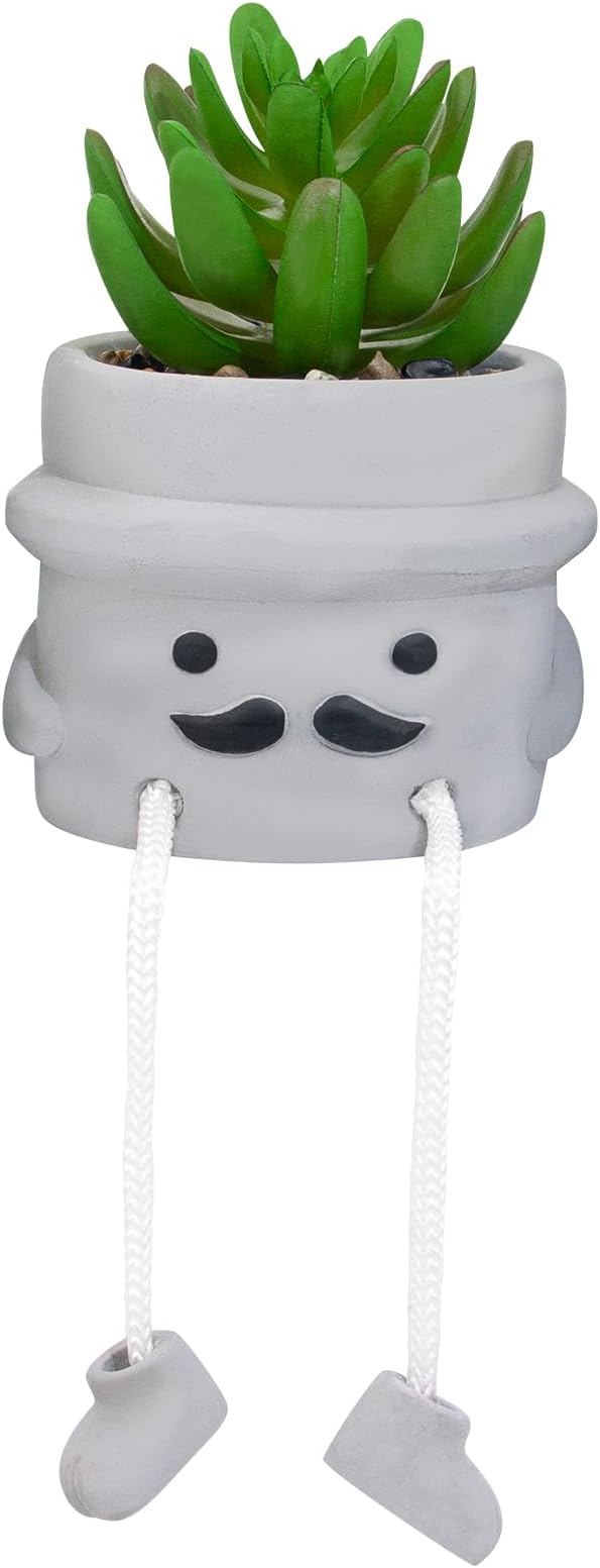 Cute Artificial Succulent Plant in Cement Pot with Hanging Legs, Mini Faux Succulent Decor for Kitchen Shelves, Bathroom Wall Shelf - Fake Small Plant for Home & Office Desktop, Shelf Accents