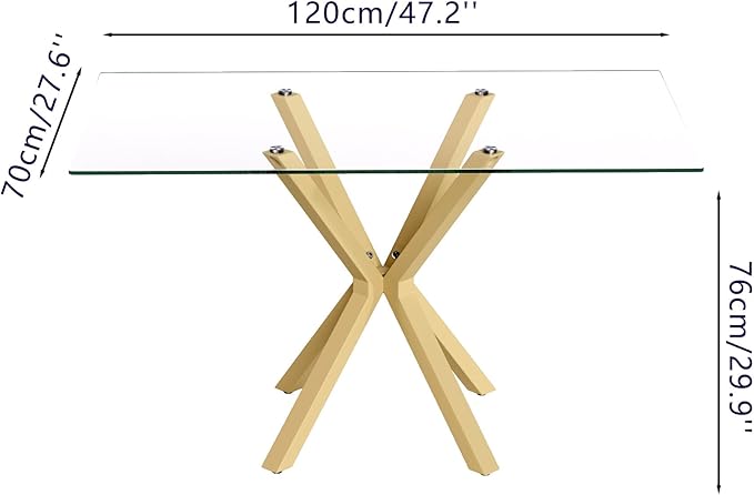Tempered Glass Dining Table for 4, 48 Inch Rectangular Kitchen Table with Gold Metal Legs Modern Style Dinner Table for Dining Room Kitchen