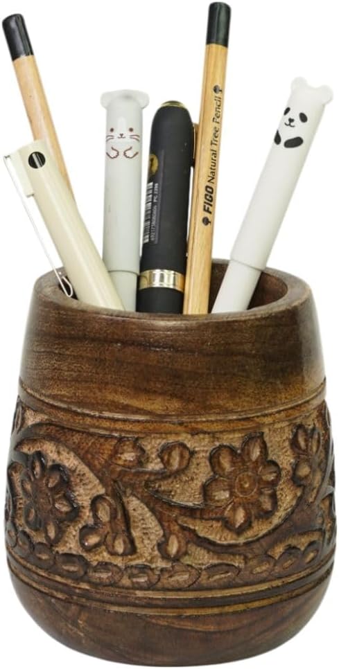Mie Creations Designer Pencil Holder for Desk Wood | Wooden Pen Stand, Paintbrush Cup, Desk Accessories, Cute Make Up Brush Organizers | Office Desktop Stationery, Mothers Day Gift for Mom- 4'' Brown